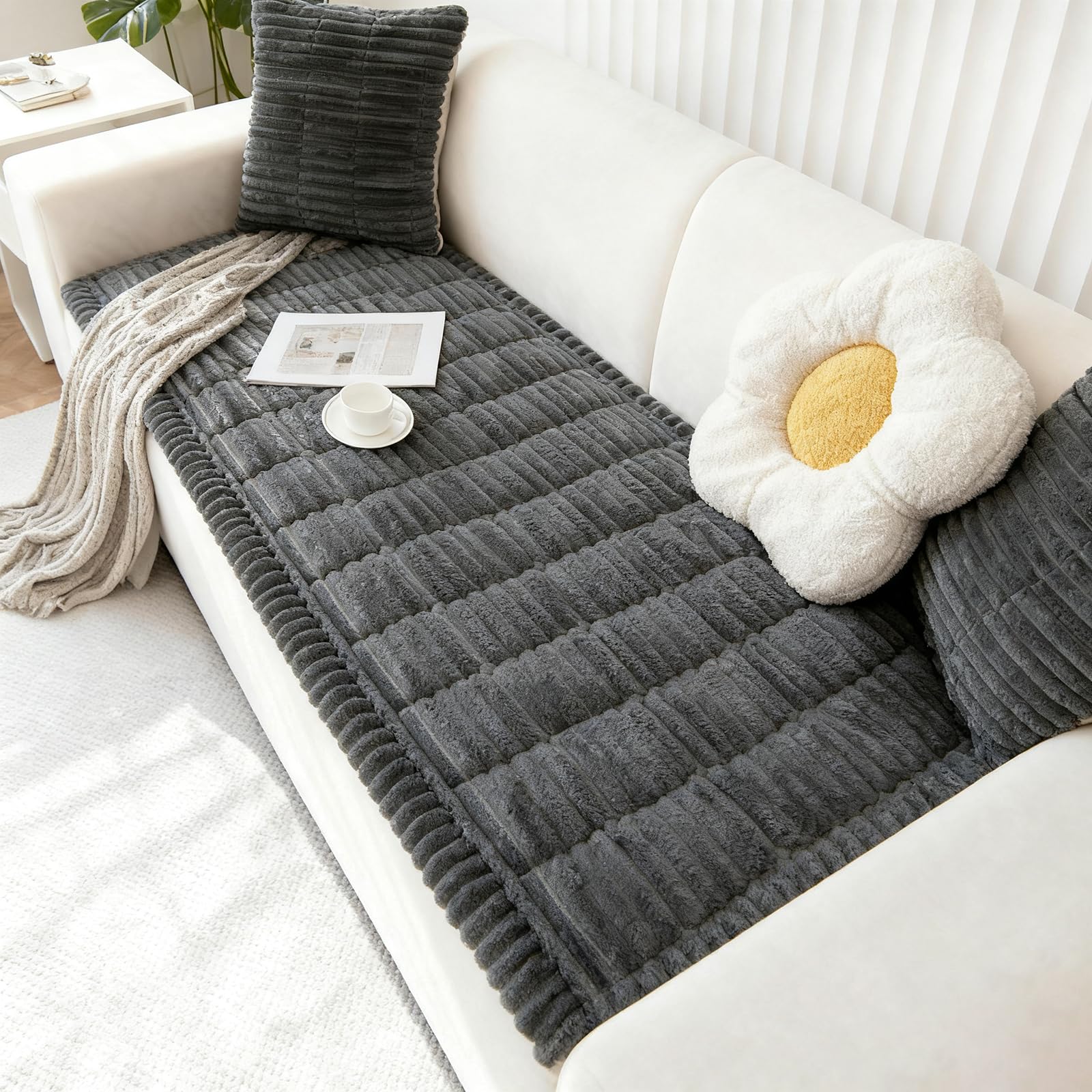 Photo 1 of Capslpad Couch Covers for Dogs Washable Non Slip Pets Sofa Covers Fuzzy Sofa Slipcover Geometric Pet Friendly Mat Cushion Protector Travel Pet Mat for Living Room Car Back Seat, Dark Gray 27.5"x70.8"