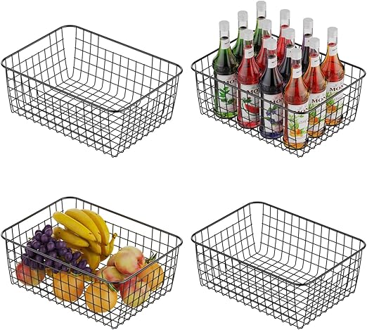 Amazon Com Veckle Wire Storage Basket 4 Pack Metal Wire Baskets For Storage Pantry Organizer Storage Bin Baskets With Handles For Kitchen Cabinets Pantry Bathroom Countertop Closets Black Kitchen Dining
