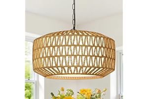 LYNNOLAND Farmhouse Chandelier Light Fixture, 5-Light Rattan Boho Chandeliers for Dining Room, Hand Woven Pendant Light with Linen Shade, Rustic Hanging Lighting for Kitchen Island, Bedroom (Bulb Not Included)
