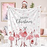 JarThenaAMCS Merry Christmas Fuzzy Blanket Pink Flamingo Snowflake Throw Blanket Xmas Soft Cozy Flannel Blanket for Home Party Bed Sofa Couch, 50 x 60 Inch