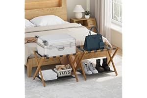 Semiocthome Walnut Bamboo Luggage Racks, Set of 2, Guest Room Portable Suitcase Stand with Storage Shelf, Folding Luggage Stand Ideal for Bedroom, Hotel, Travel