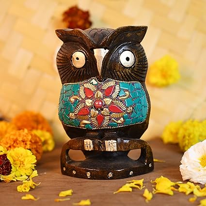 Collectible India Wooden Handicraft Embossed Painted Owl Home Decor Bird Decorative Showpiece