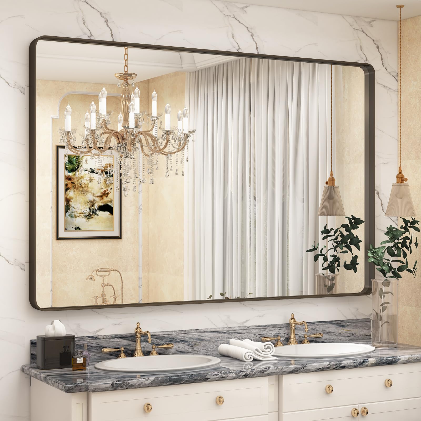 Photo 1 of CHARMOR 60x40 Bronze Bathroom Mirror, Brushed Bronze Metal Frame Mirrors for Wall, Rounded Rectangle Bronze Mirror for Vanity,Bedroom, Shatterproof, Anti-Rust (Horizontal/Vertical)