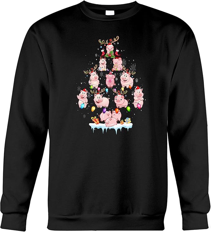 Amazon Com Cute Pig Reindeer Horn Santa Hat Xmas Tree Lights Men Women Funny Christmas Crewneck Sweatshirt Clothing