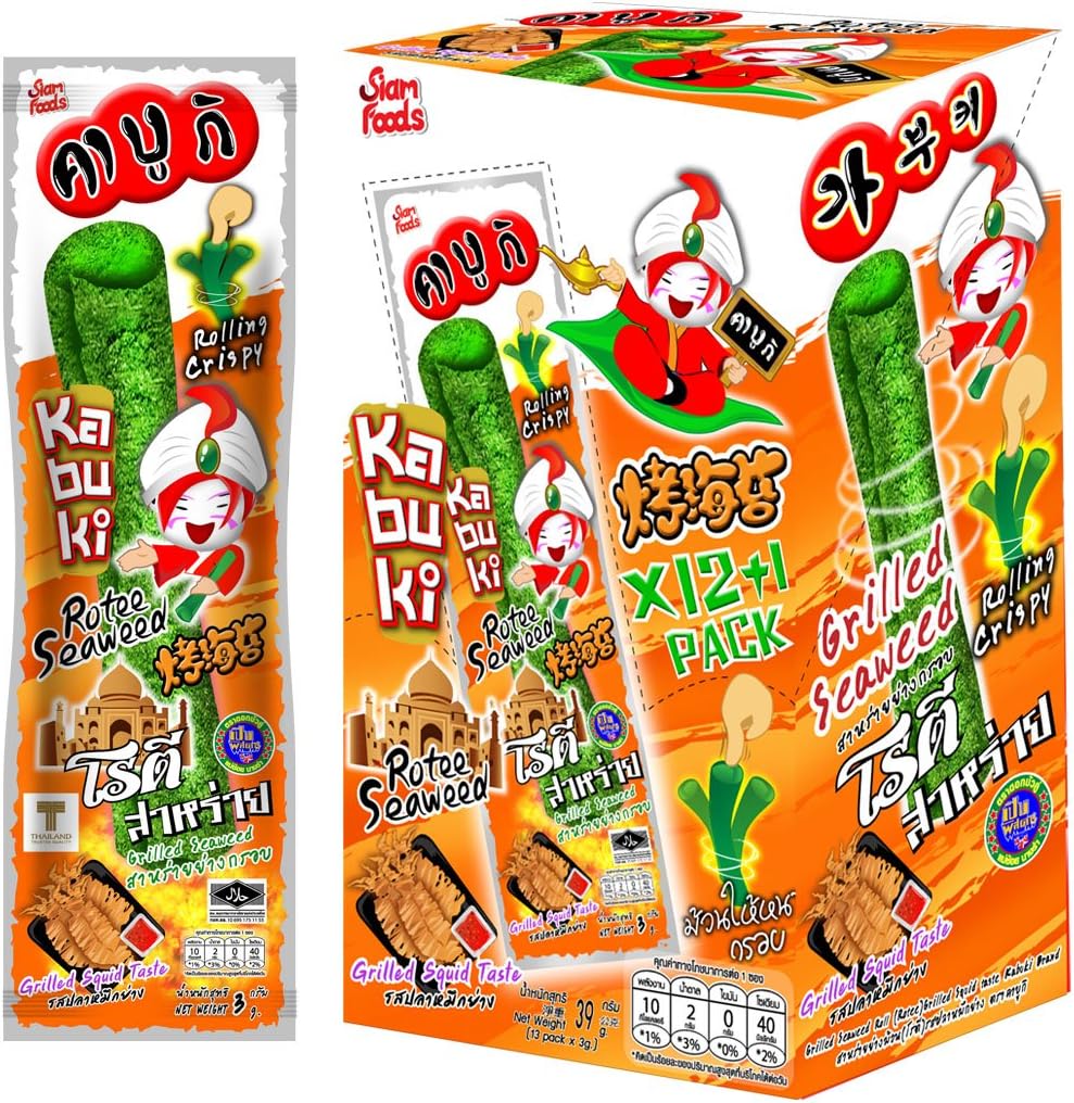 Kabuki Grilled Rotee Seaweed Squid Grilled Flavoured Thai Seaweed Snack Low Calories Snack 3 G 12 Pieces Of Individually Sealed Per Pack ( Box-Pack Of 12)