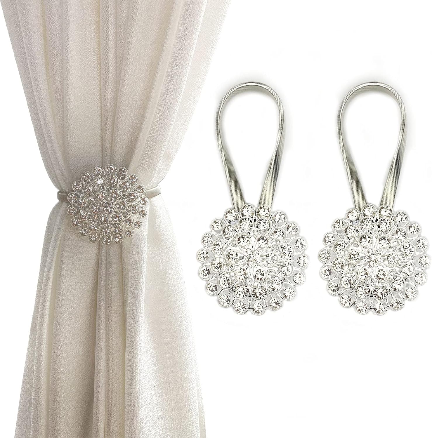 Window Treatment Hardware - Magnetic Tiebacks for Curtains, 2 Pack Sparkling Crystal Flower Curtain Tiebacks Curtain Buckle Clips with High-Elastic Spring Wire for Home Office Decoration (White)