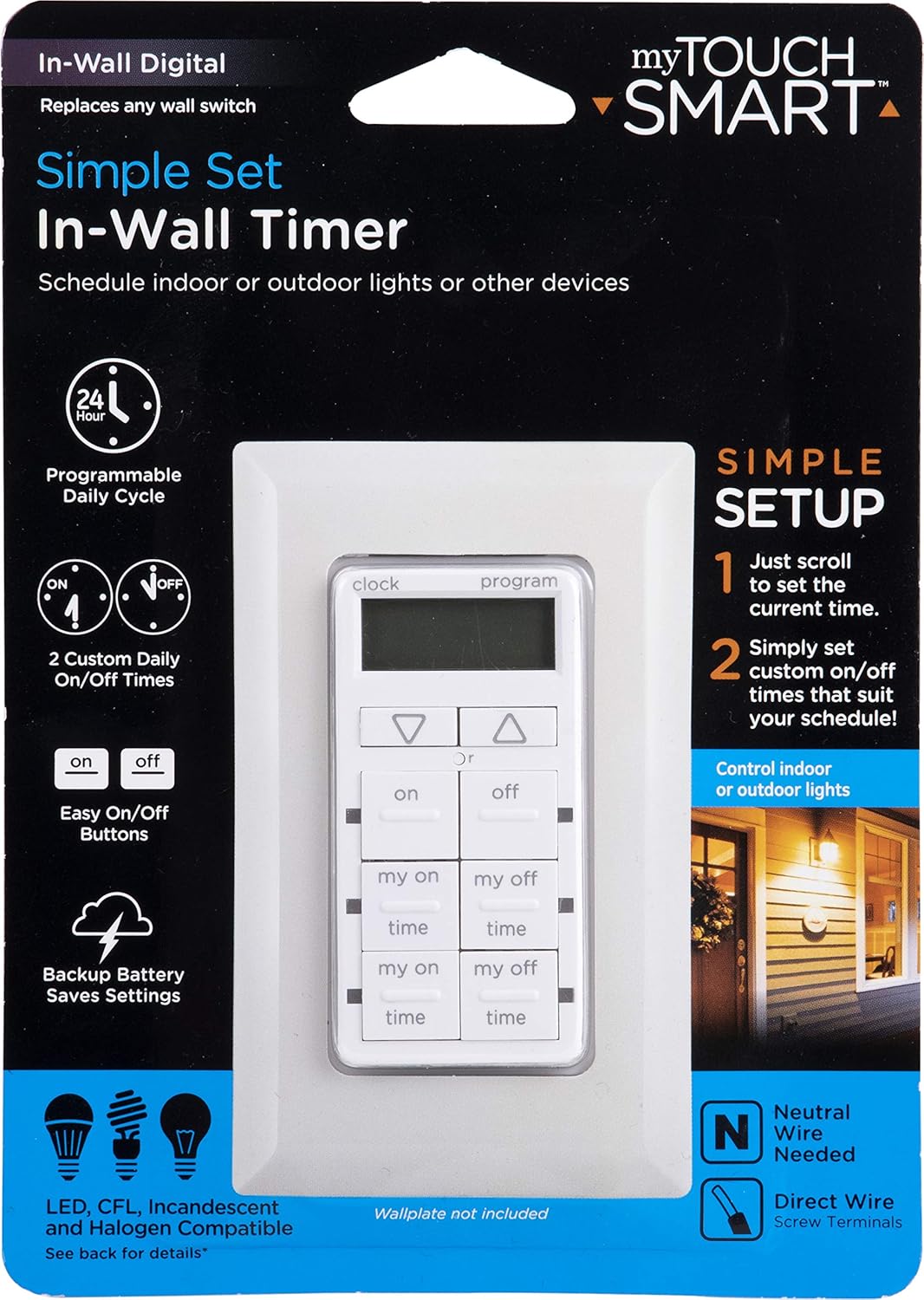 myTouchSmart In-Wall Digital Timer, 4 Programmable On/Off Buttons, 2 Easy On/Off Buttons, 24 Hour Daily Cycles, Blue LED Indicators, with Battery Backup, for Indoor/Outdoor Lights, Fans, 26893 - - 