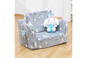 SUFUS Baby Toddler Sofa Couch for Kids Foldable 2-in-1 Sherpa Fold Out Couch Bed for Playroom, Pull Out Children Convertible Sofa to Lounger Sleeper Chair for Boys & Girls with Double Pockets, Glowing Grey