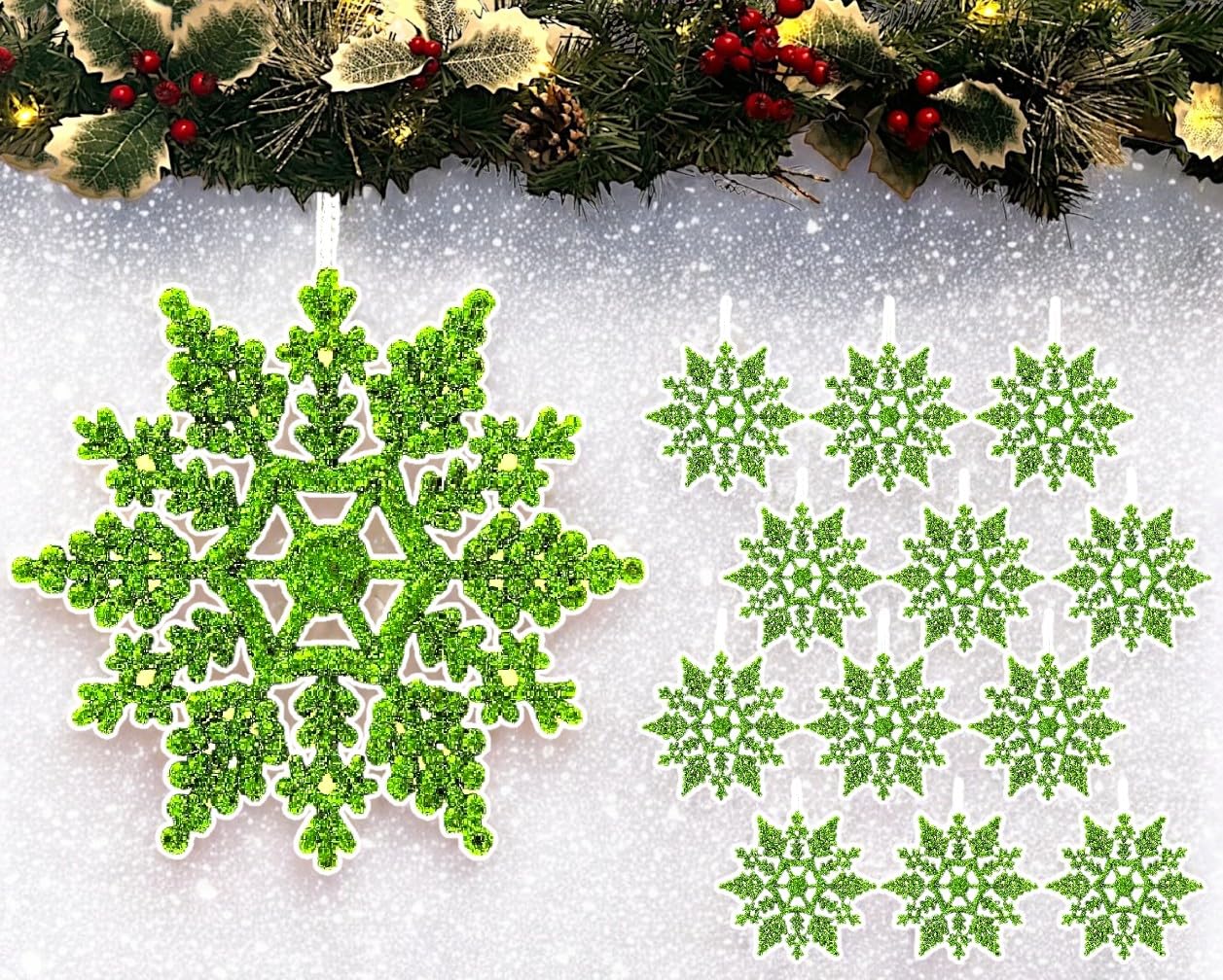12pk Glitter Snowflake Hanging Decorations, Christmas Tree Snowflake Baubles/Ornaments (Lime Green)
