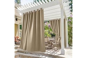 Deconovo Outdoor Blackout Curtains for Patio 108 Inches Long - Solid Waterproof Taupe Grommet Blackout Curtains for Gazebo and Balcony, Taupe, 105x108 Inch, 2 Panels