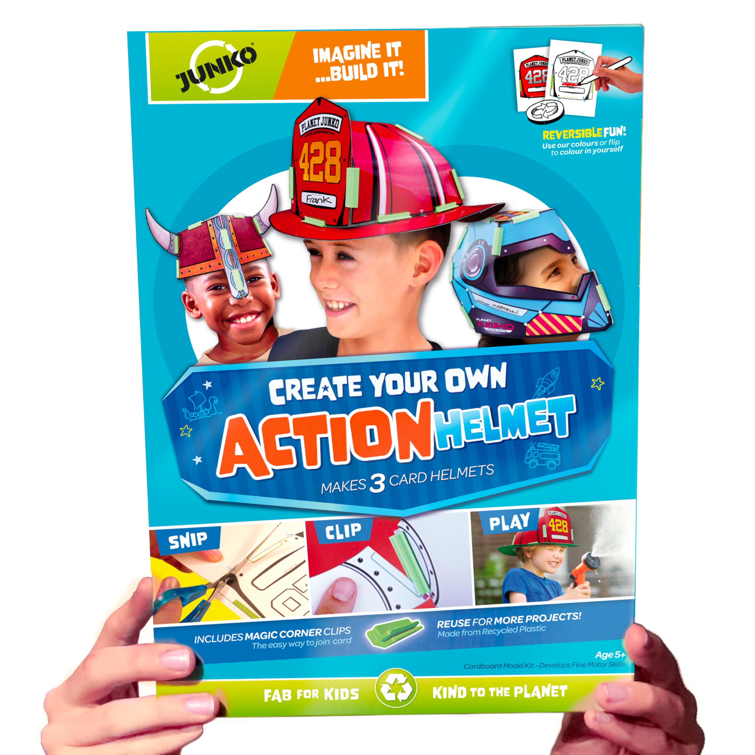 JUNKO DIY Kids Helmet Craft Kit – Fab Stocking Filler - Build & Decorate 3 Cardboard Helmets (Firefighter, Viking, Space) – Ages 6–10 – Creative Parent-Child Activity — image 1