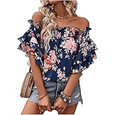 SOLY HUX Women's Floral Print Blouse Off Shoulder Ruffle Trim Half Sleeve Summer Tops