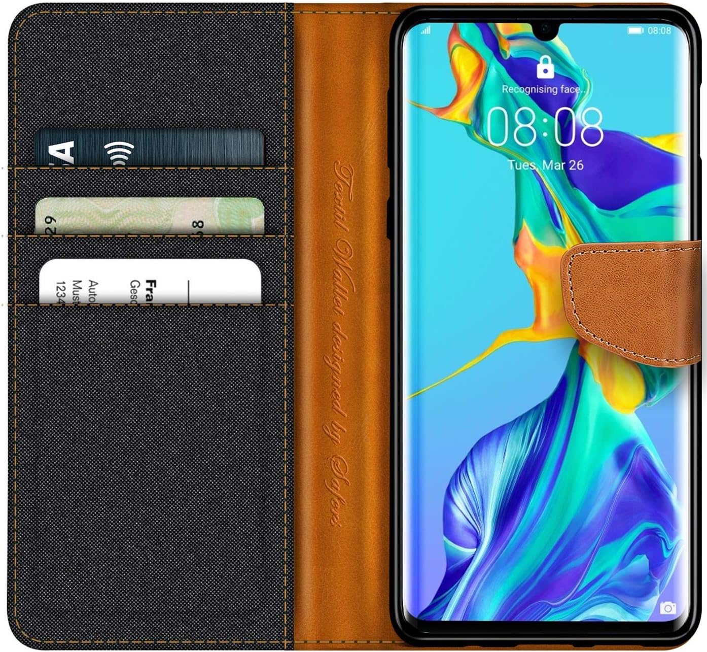 Verco Phone Wallet Case compatible with the Huawei P30, Canvas Faux Leather Book Cover for the P30 Flip Case Bag Hinged - Black - Image 3