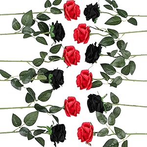 Floralsecret 12 Pcs Artificial Silk Rose Flower Bouquet Faux Flowers Home Wedding Party Decor(Black,Red)