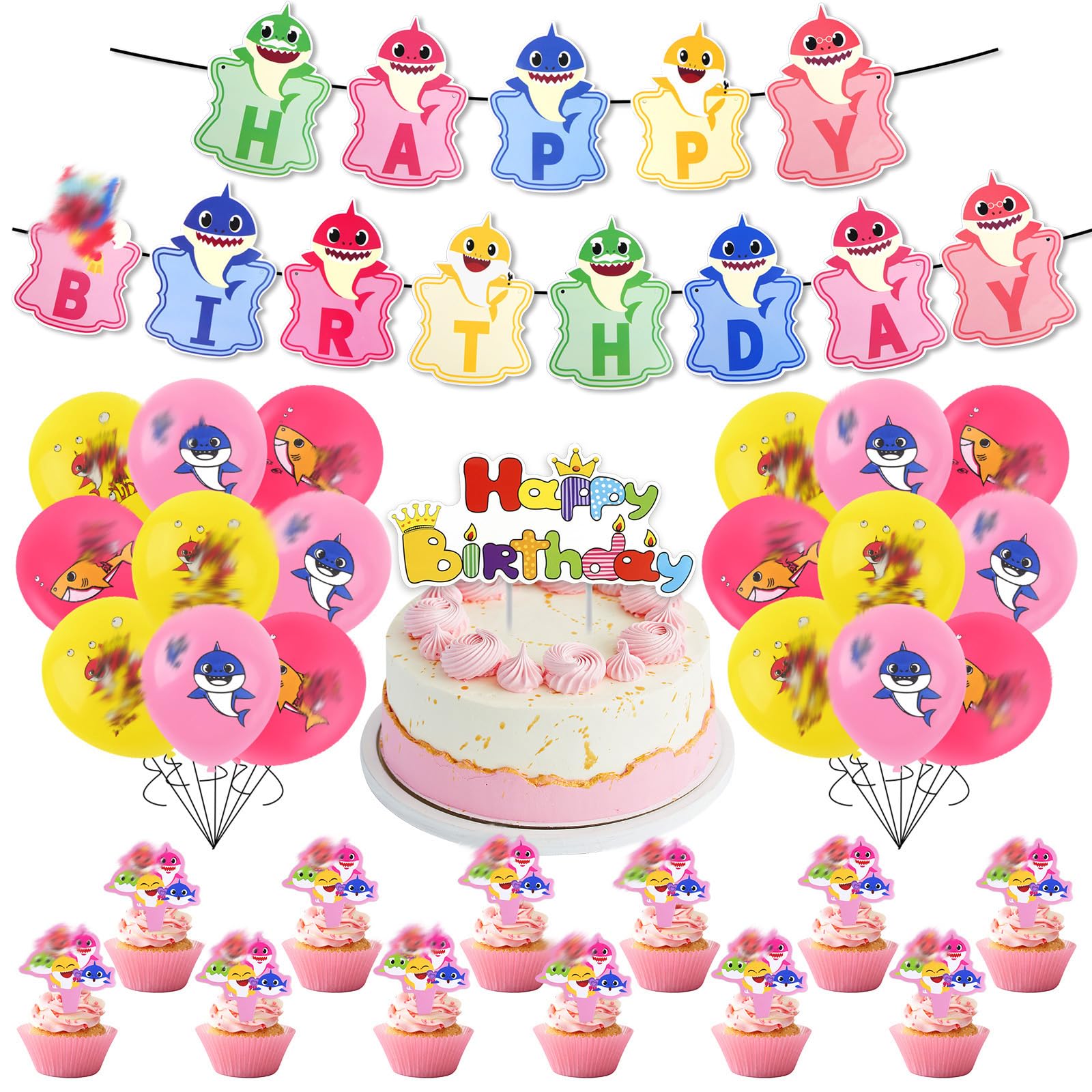 Shark Birthday Party Decorations,44PCS Party Balloon Decorations, Birthday Party Supplies for Kids Boys Girls, Include Banner, Balloons, Cake Topper, Cupcake Toppers — image 1