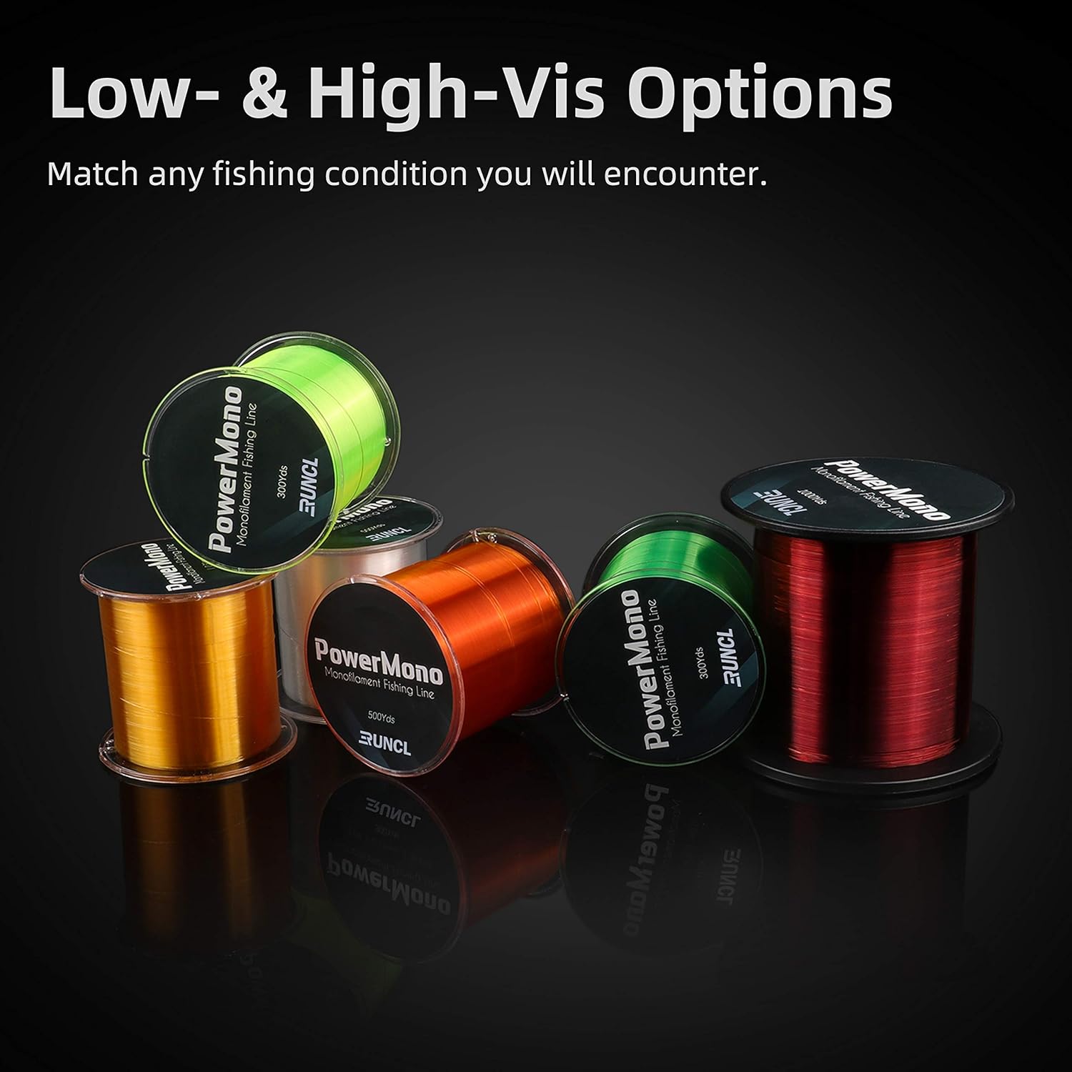 RUNCL PowerMono Fishing Line, Monofilament Fishing Line 300/500/1000Yds - Ultimate Strength, Shock Absorber, Suspend in Water, Knot Friendly - Mono Fishing Line 3-35LB, Low- & High-Vis Available : Sports & Outdoors