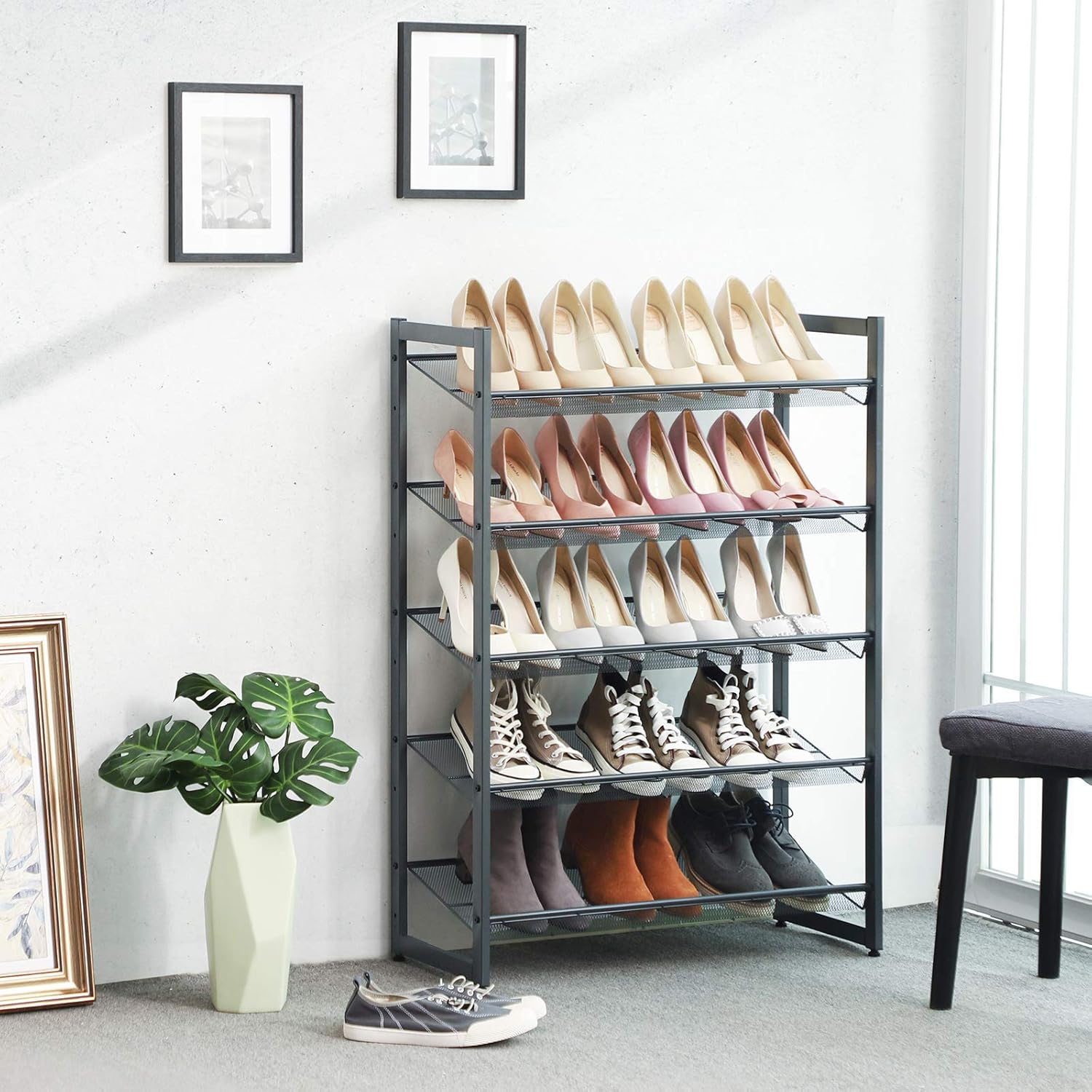SONGMICS Shoe Rack, 5-Tier Stackable Shoe Storage Shelf, Metal Shoe Organiser with Adjustable Flat or Angled Shelves - Image 3