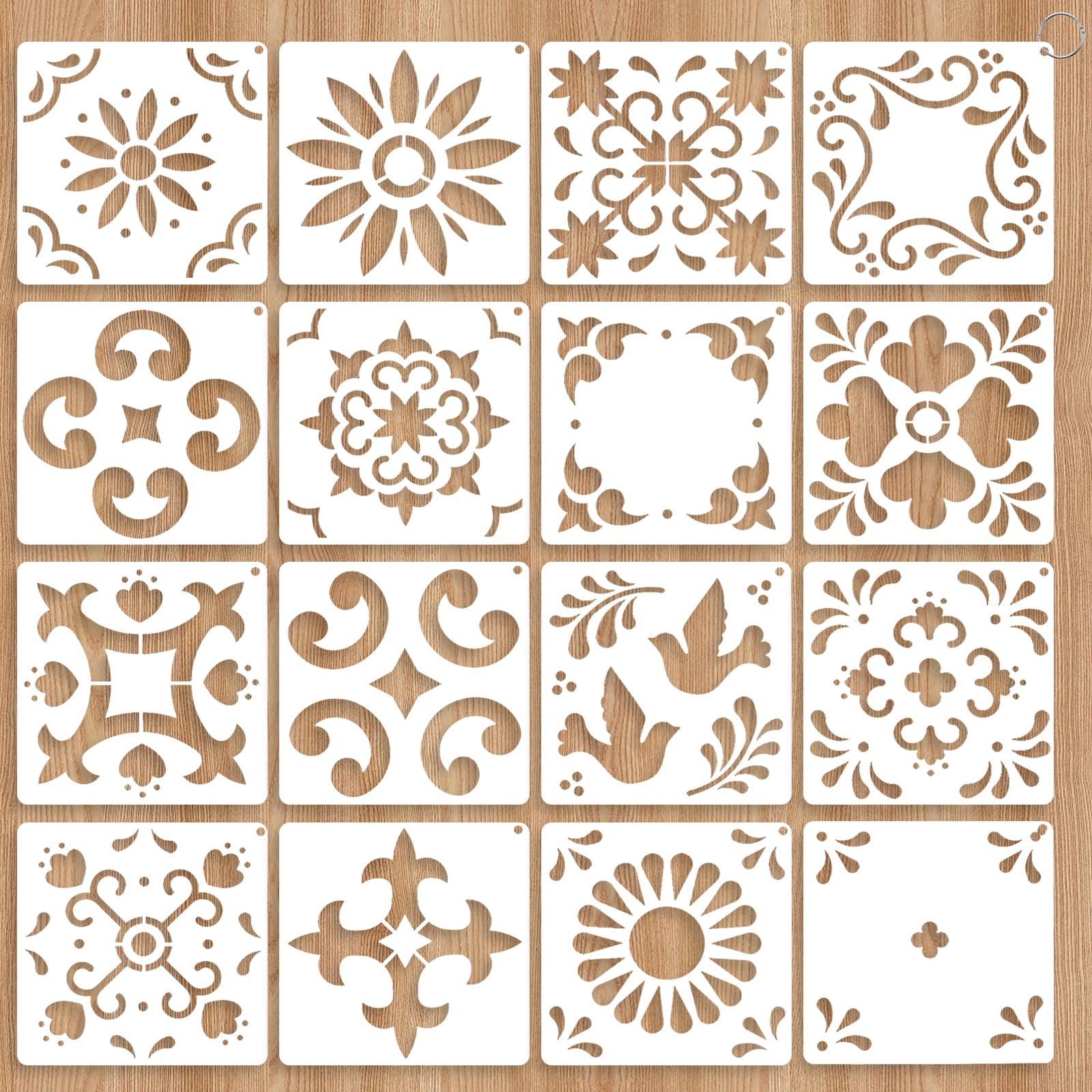 Photo 1 of Yuanchu 16 Pack Tile Stencil Set (8X8 Inch), Reusable Spanish Mexican Talavera Stencils for Floor Wall Furniture Canvas DIY Home Décor