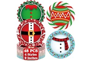 QZYL 48 PCS Christmas Paper Plates, 9 Inches Christmas Plates Disposable Party Set, Round Snowman Santa Elf Belt Pattern Xmas Dinner Plates for Xmas Decorations Party Supplies