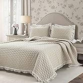 Lush Decor Ella Ruffle Lace Quilt, 3 Piece Set, Full/Queen, Neutral - Cute Quilt - Queen Bedding Set - Beige Bedding Full Size - Coquette Decor - Neutral Ruffle Trim - Beige Lace Trim