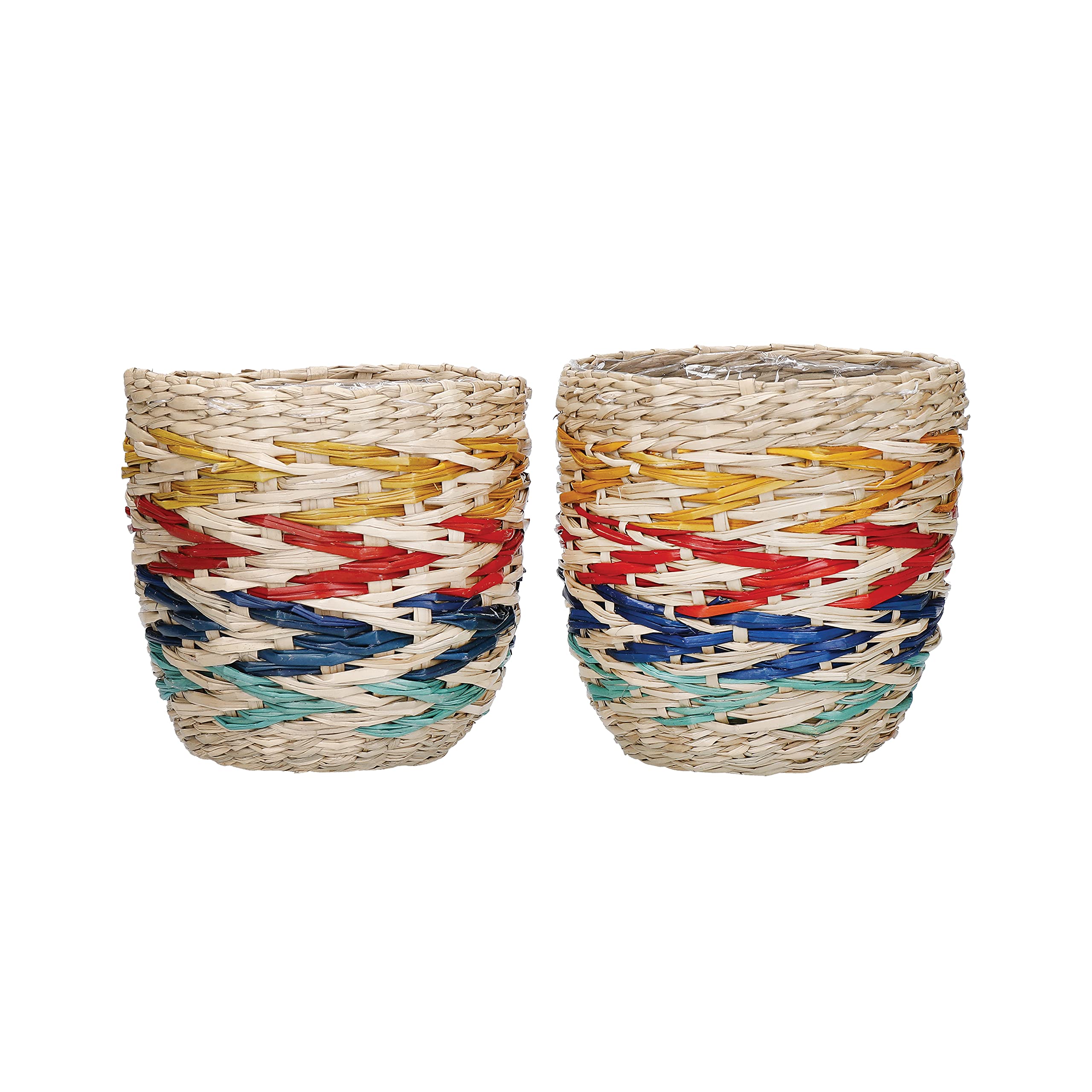 KitchenCraft Seagrass Plant Baskets, Set of 2 Indoor Plant Pots, Woven Planter with Rainbow Striped Design, 11 x 11 x 11cm