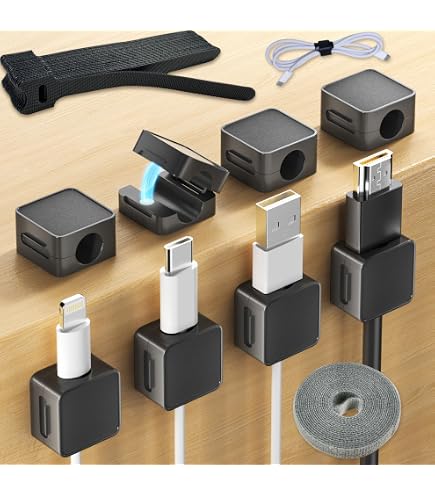 Pack De 20 Organizadores De Cables Adhesivos Reutilizables Para Escritorio, TV Y PC – Sujeta Hasta 15 Cables, Montaje Sin Taladro, Ajustable Y Antienredos