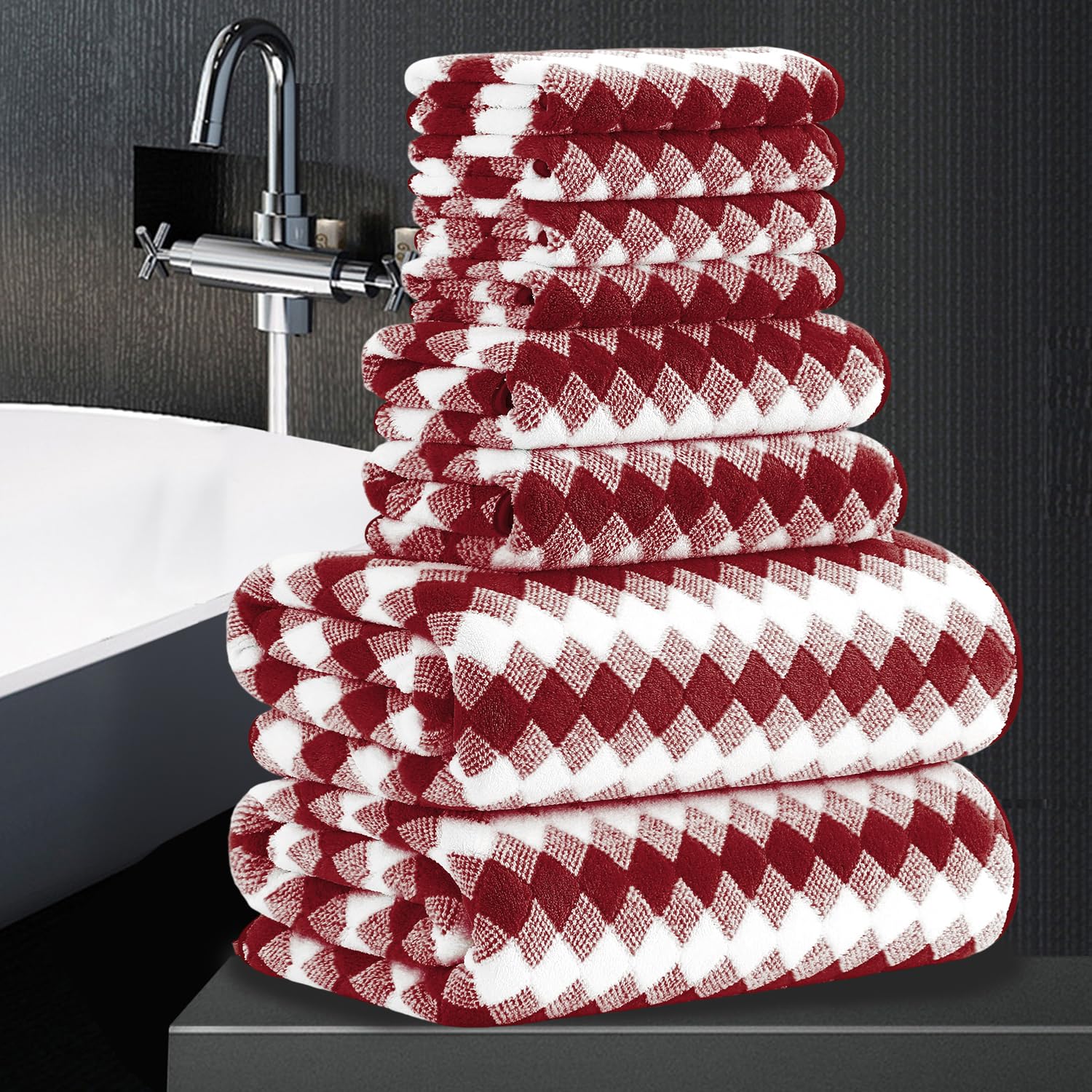 Photo 1 of 8 Piece Bathroom Towel Set |2 Oversized Bath Towels,2 Hand Towels,4 Washcloths| 600GSM Soft Hotel Towel Set Large Bath Sheet for Bathroom,Highly Absorbent Quick Dry Bath Towel Collections,Burgundy