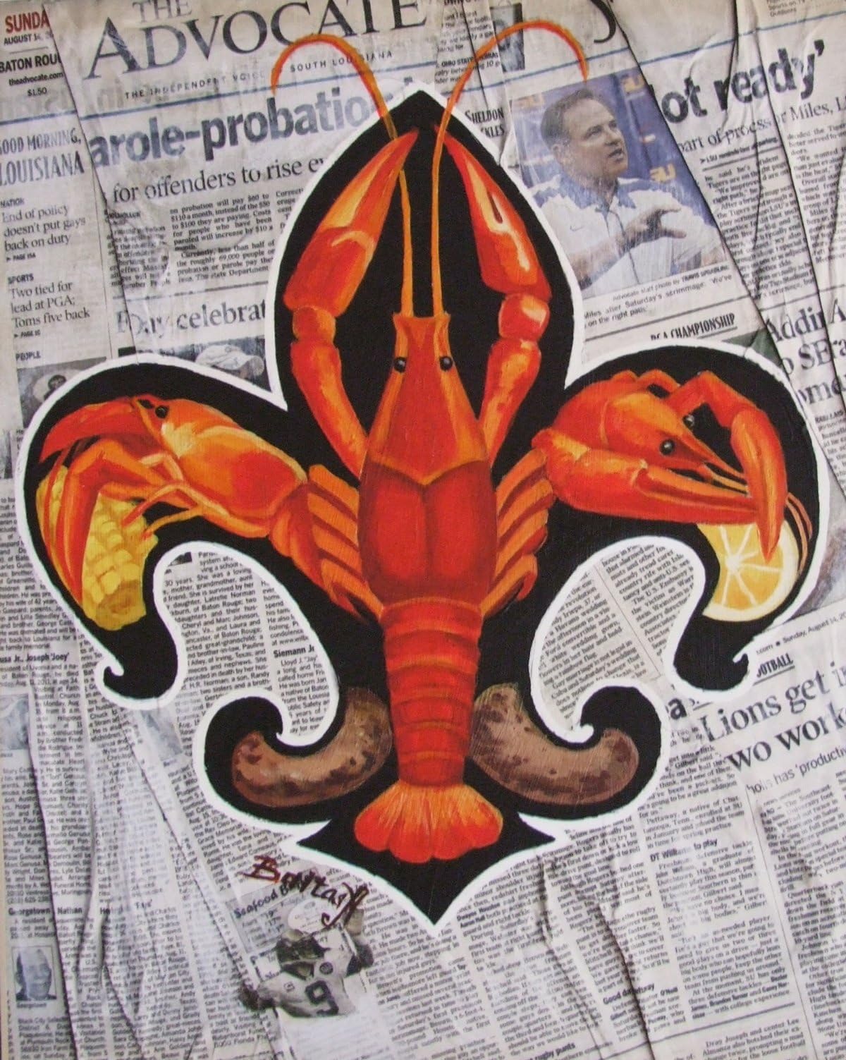 Crawfish Bayou Fleur de Lis Newspaper New Orleans Baltas Matted Art Print French Quarter
