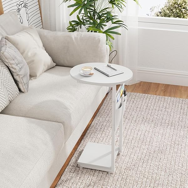 VAGUSICC C SHAPED END TABLE, SIDE TABLE FOR COUCH, SMALL COUCH SIDE TABLE FOR SMALL SPACES, SLIDE UNDER SOFA TRAY DESK WITH STORAGE BAG, ROUND SIDE TABLES FOR LIVING ROOM AND BEDROOM, WHITE