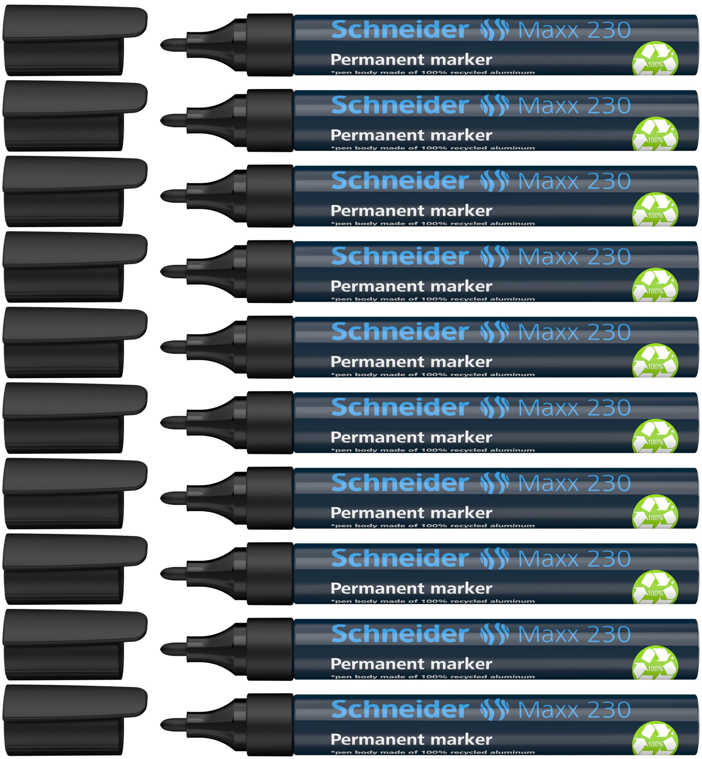 Schneider Marker Pen 230 Black 1-3 mm Permanent Refillable with Aluminium Barrel Pack of 10