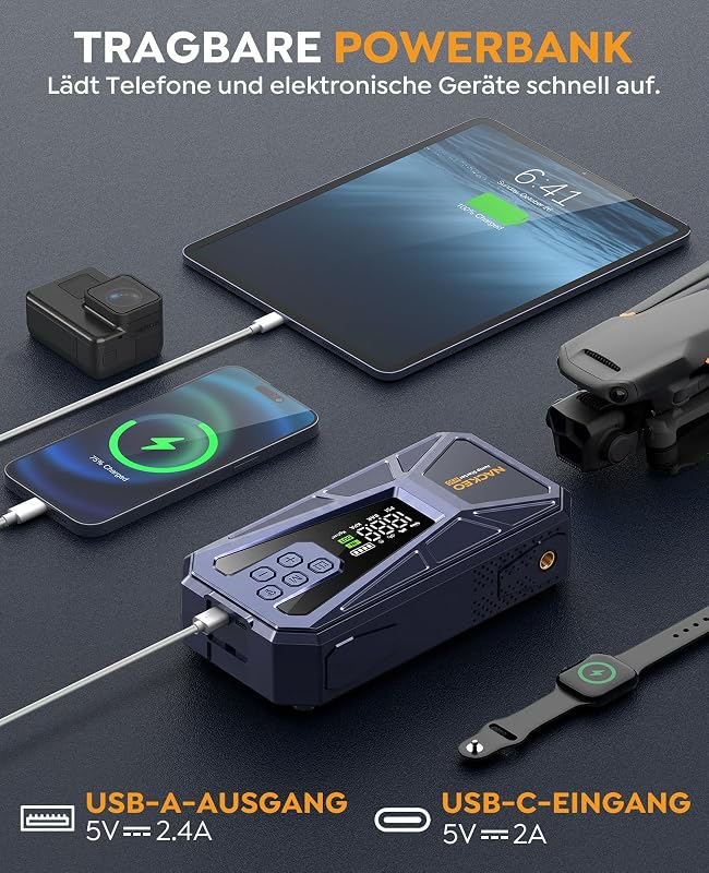 8000A Starthilfe Powerbank mit Kompressor 160 PSI, 12V Auto Starthilfe Powerbank für alle Benzinmotoren und bis zu 12,0L Dieselmotoren, tragbares Starthilfegerät mit 600LM LED-Licht & Starthilfekabeln