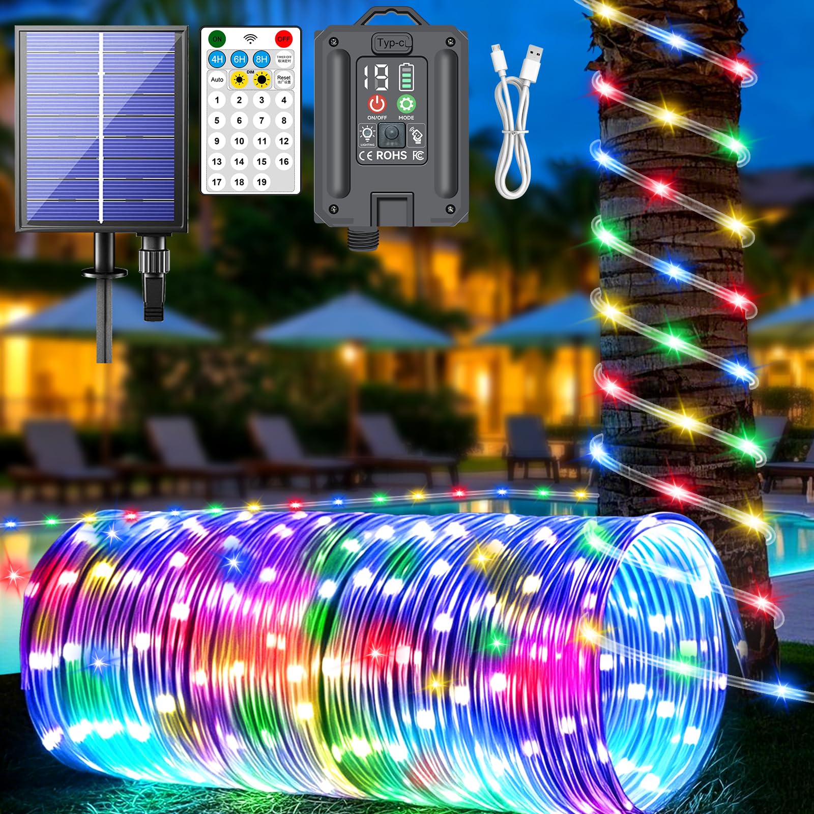 Photo 1 of ***(PARTS ONLY/ NON FUNCTIONAL)***New Upgraded Solar Rope Lights Outdoor Waterproof 19 Modes170ft 500 LED Solar String Lights with Remote Timer Dimmable USB Rechargeable Yard Outside Christmas Lights Xmas Decor (500LED-Multicolor)