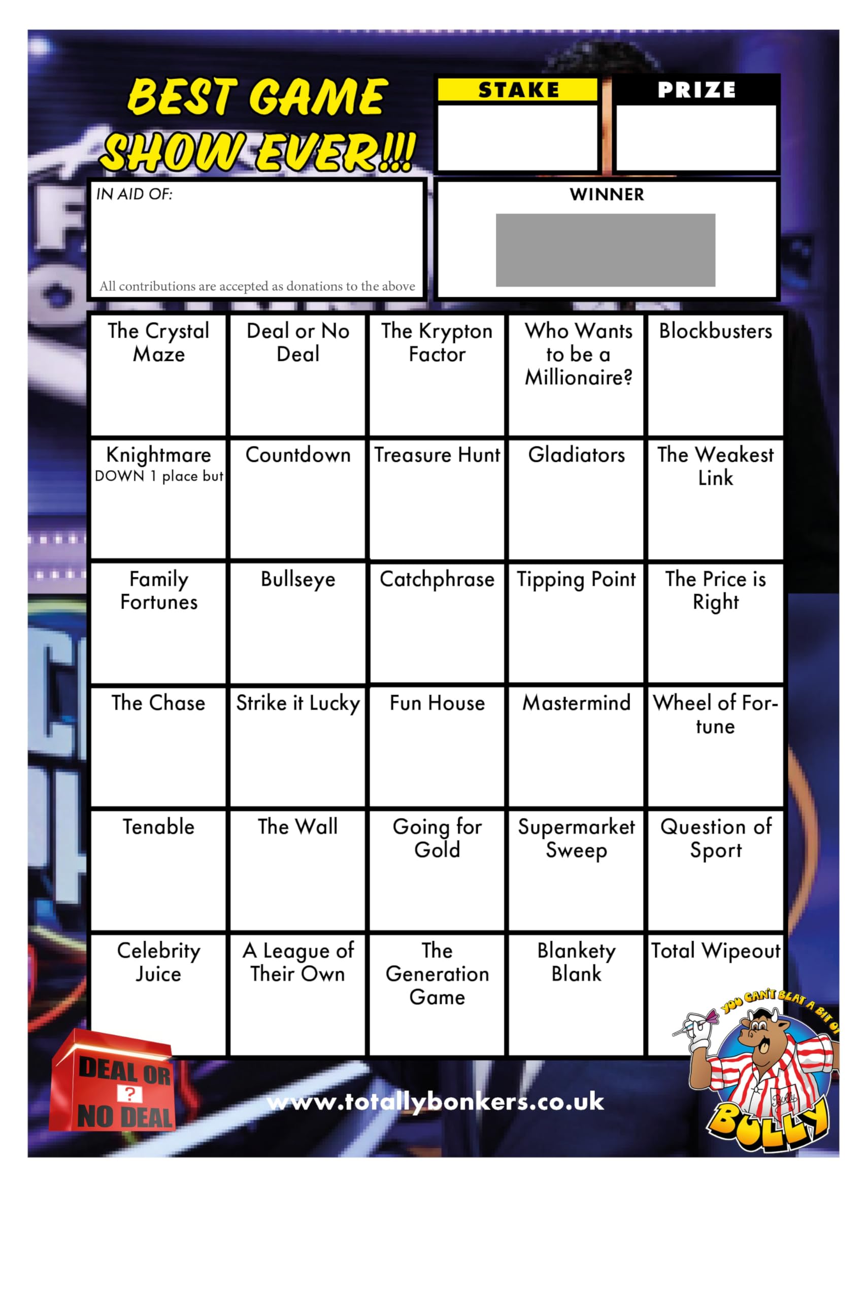 Totally Bonkers - Game Show Fundraising Scratch Cards - 30 Square - A6 (148x105mm) - 10 Pack - TB0106 - Blind Cards