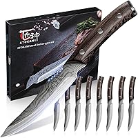 SYOKAMI Steak Knives Set of 8, 4.8 Inch High-Carbon Japanese Stainless Steel Non-Serrated Steak Knife with Wood Handle, Damas