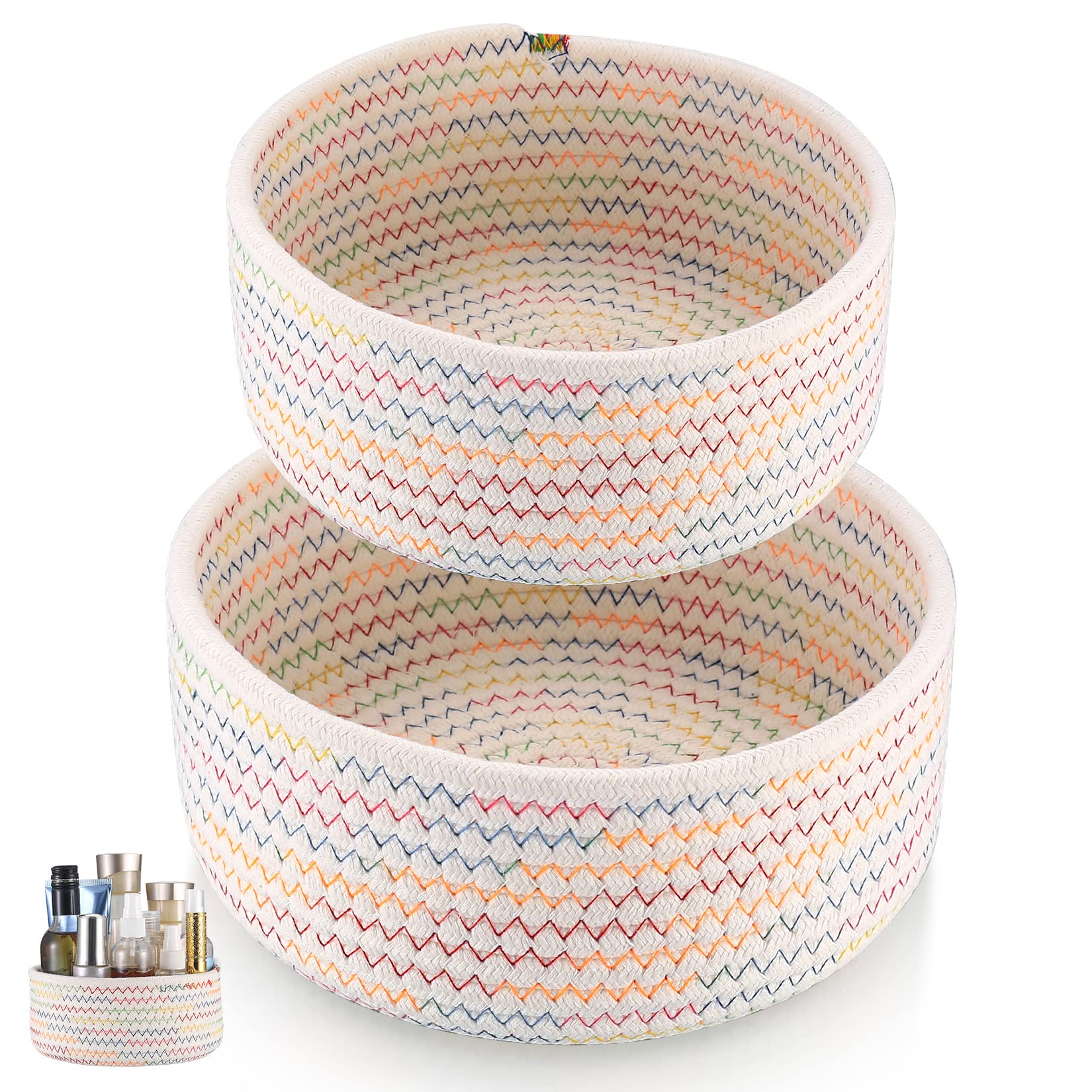 Jttxiu Woven Cotton Rope Storage Baskets, 2 Pcs Woven Laundry Baskets, Toy Storage Organizer Baskets Bins, for Kids Blankets Toys Books Living Room Baby Nursery Woven Baskets - Large/Small Sizes