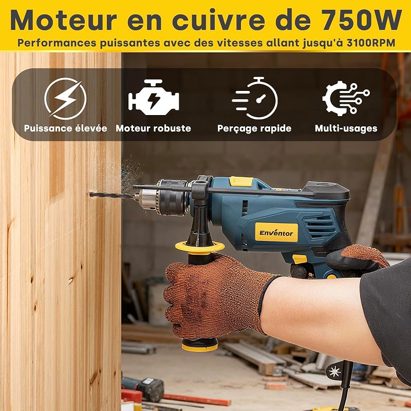 Perceuse à Percussion Filaire 750W, poignée pivotante à 360°