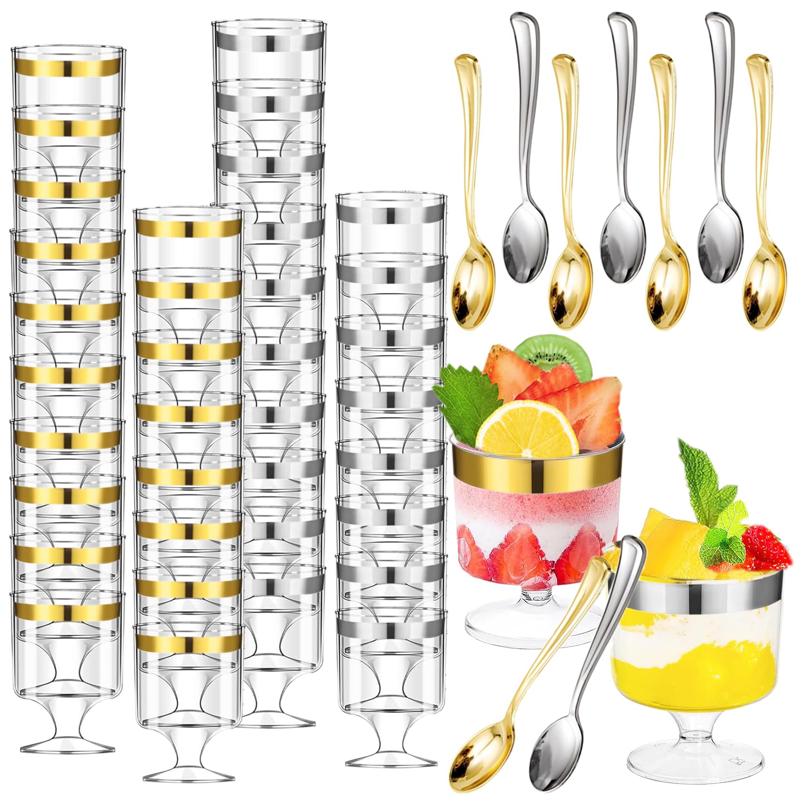 Photo 1 of 120 Pcs Dessert Cups with Gold/Silver Spoons,5 OZ Plastic Goblet Mini Clear Dessert Parfait Cup Appetizer Pudding Cups for Ice Cream Fruit Mousse Party Serving Goblet Cup?Gold/Silver Rim-60Pack?