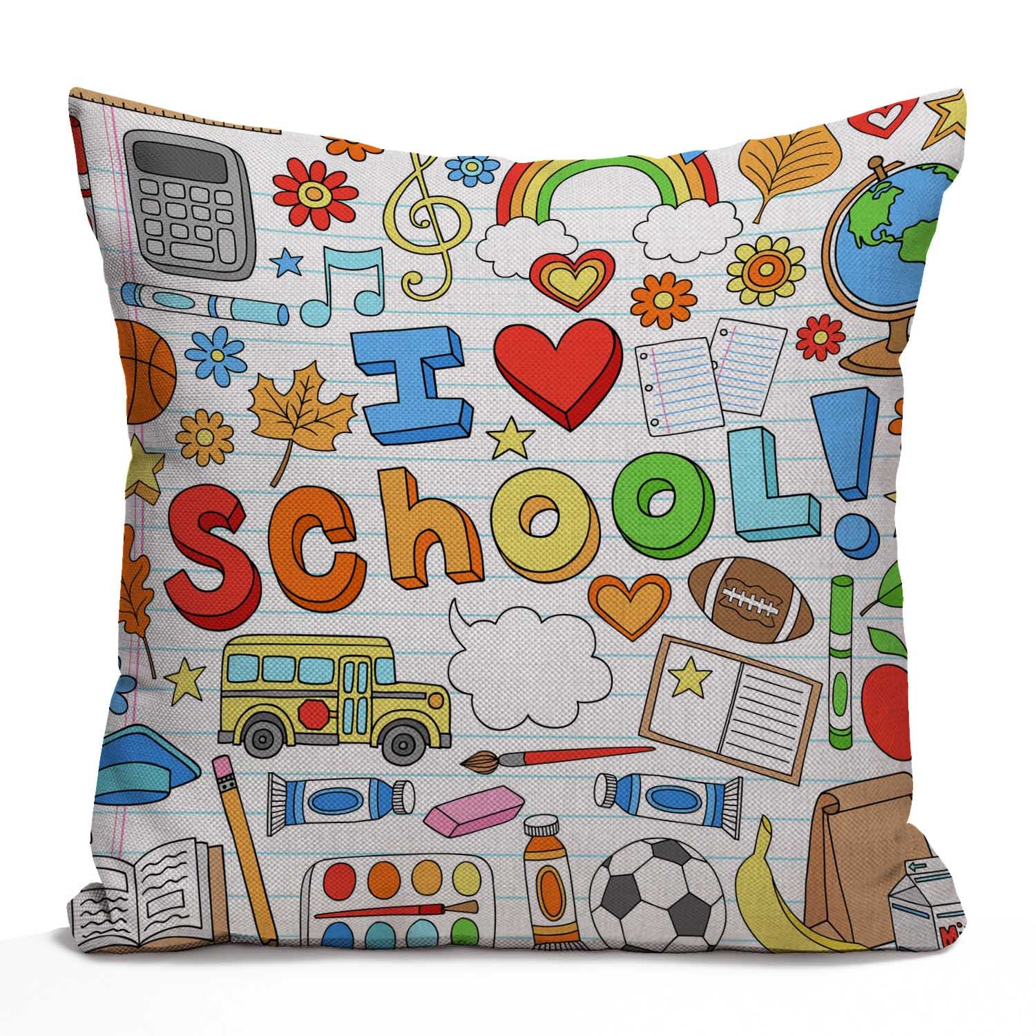 Tomda Cushion Cover Brown Teacher I Love School Classroom Supplies Doodles Design on Lined Sketchbook Lunch Science Throw Pillow Cover 45x45cm 18x18 Inch Square Hidden Zipper Decorative Pillowcase