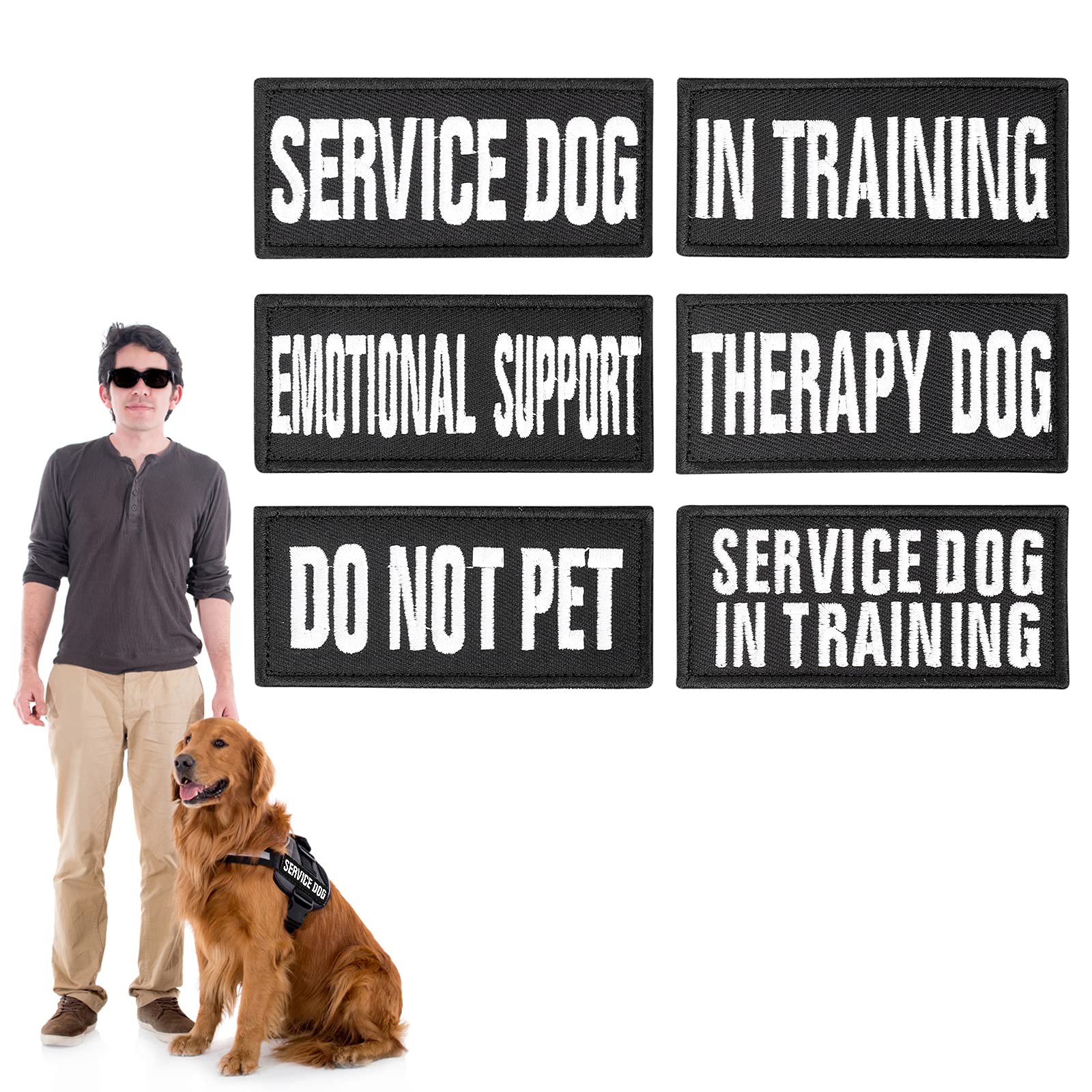 Molain Embroidered Dog Vest Patches with Hook and Loop, 6Pcs Removable Black Back Adhesive Patch for Dog Harness Service Badge in Training(6Pcs Normal, 9x4cm)