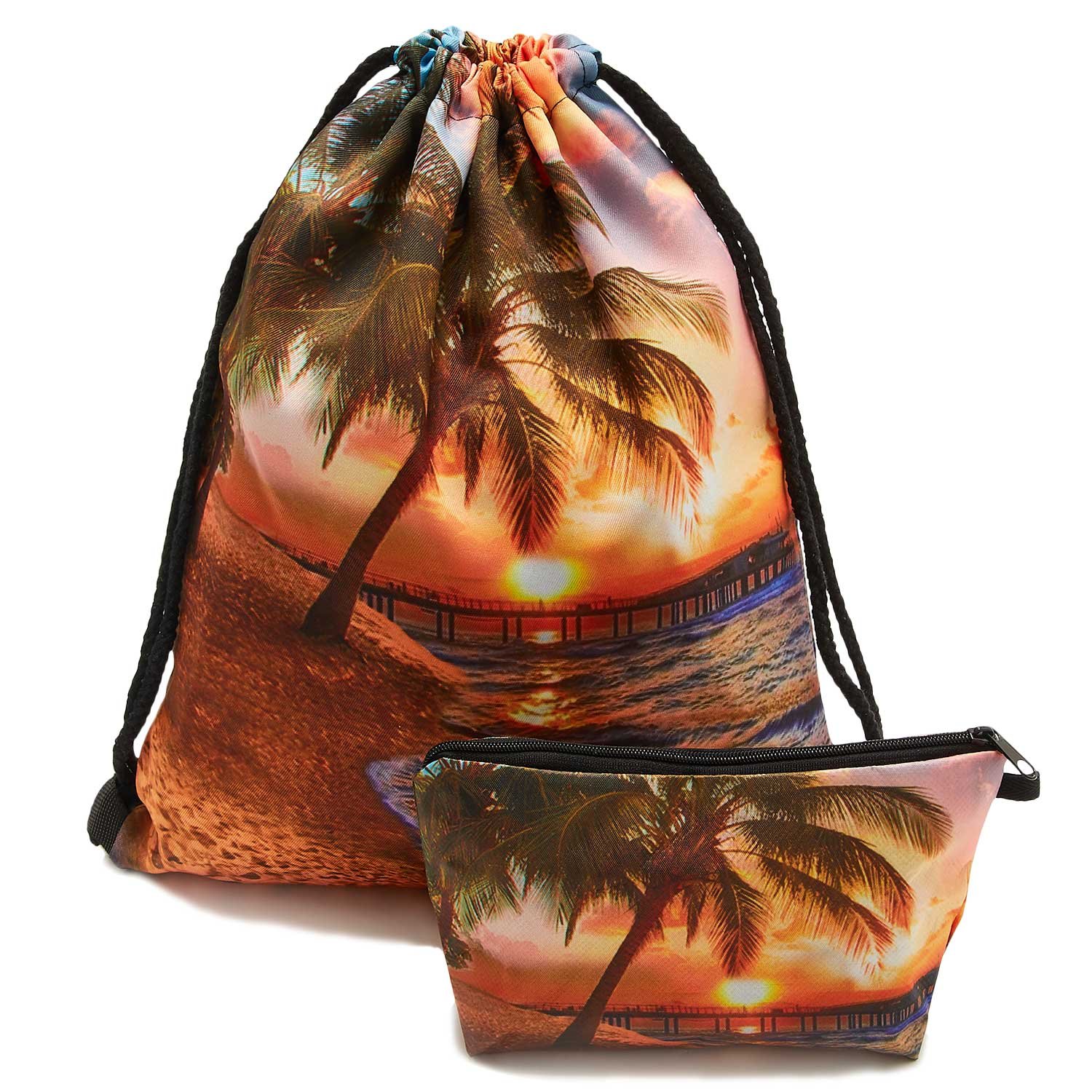 TUONROAD Travel Portable Travel Backpack Cute Cosmetic Pouch Storage 3D Pattern Summer Vacation Beach Theme Sunset Palm Tree the Setting Sun Cool Cinch Bags Zipper Handy Cosmetic Pouch