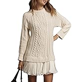 ZOCPEONY Womens Sweater Dress Twofer Cable Knit Long Sleeve Crew Neck Knitted Pullover Patchwork Pleated Mini Dress