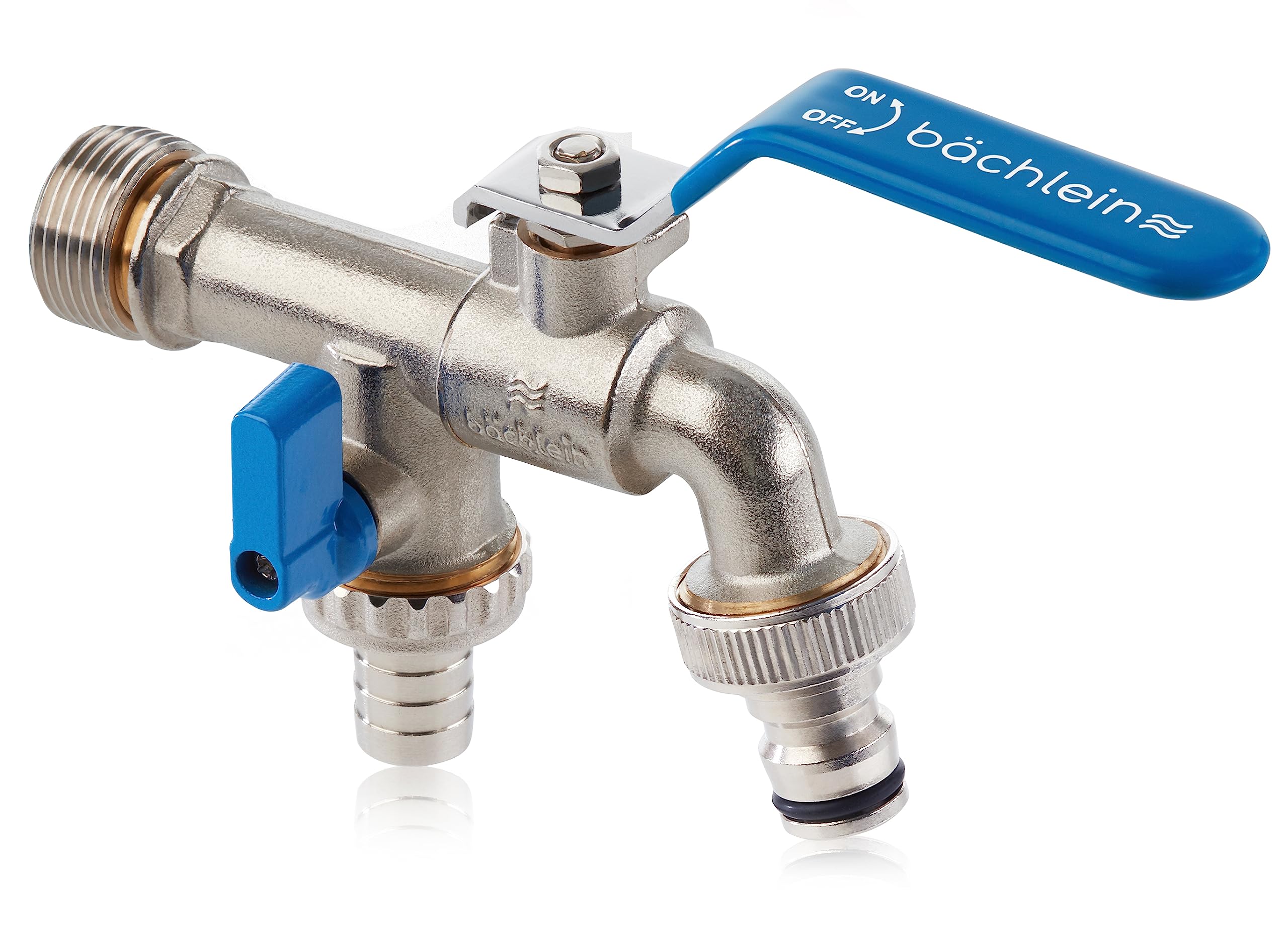 Bächlein Universal Double Outlet Tap for The Garden [Blue] incl. 2 Hose Connections - Noble Double Water Tap with 1/2 and 3/4 Inch Connection, Double Ball Outlet Valve