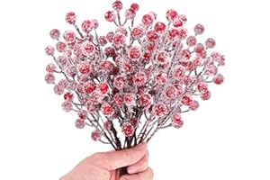KESYWALE 24 Pieces Artificial Holly Berry Stems 9" Christmas Berry Picks Sprays Snowy Fake Red Berries for Christmas Tree Branches Fillers Ornaments Valentine DIY Crafts Wedding Home Party Winter Decor (24)