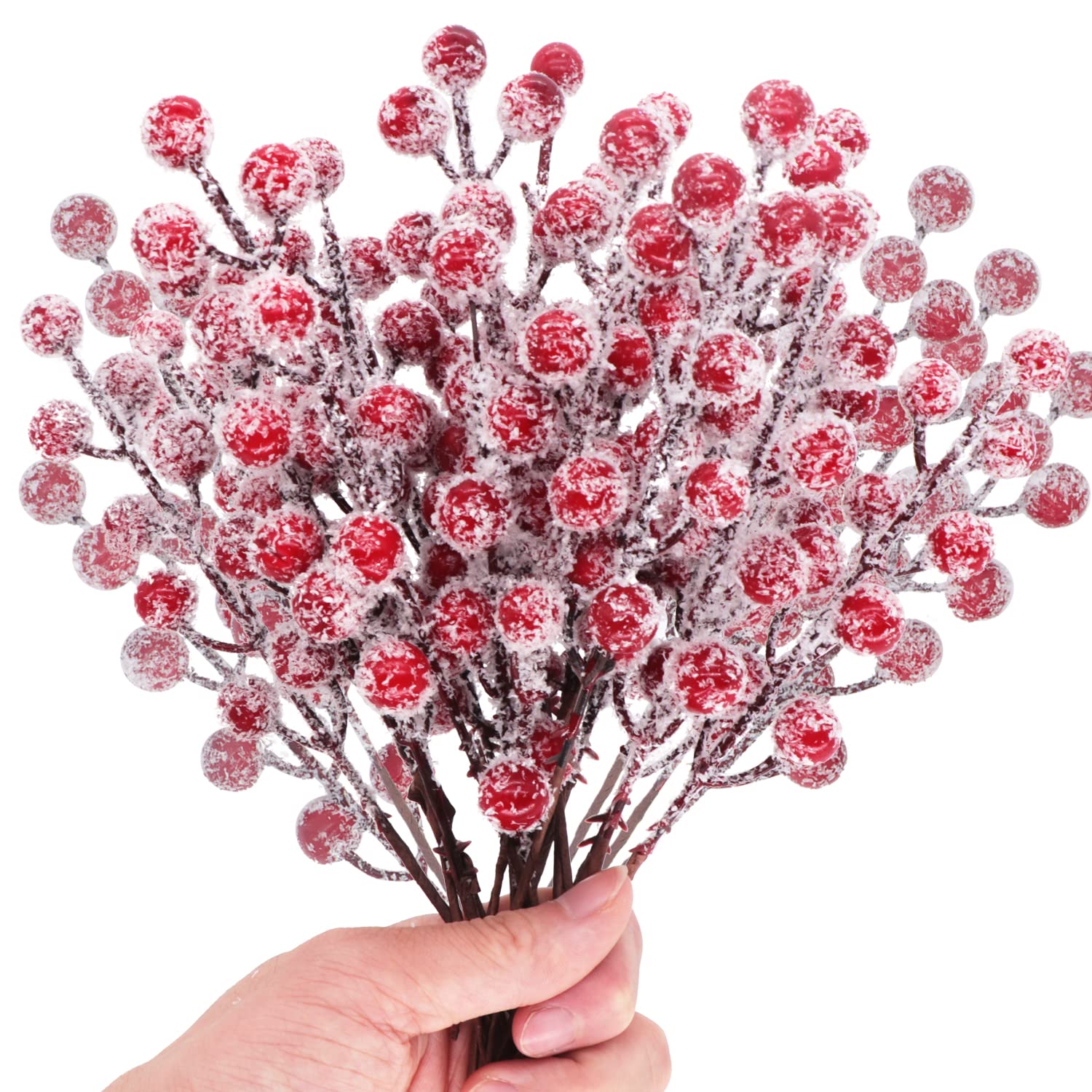 Photo 1 of 24 Pieces Artificial Holly Berry Stems 9" Christmas Berry Picks Sprays Snowy Fake Red Berries for Christmas Tree Branches Fillers Ornaments Valentine DIY Crafts Wedding Home Party Winter Decor (24)