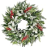 22" Realistic Christmas Wreath with Red Berries, Winter Eucalyptus Artificial Faux Evergreen Wreath Greenery Decoration for Front Door Window Home Wall Farmhouse Holiday Outdoor Indoor Décor