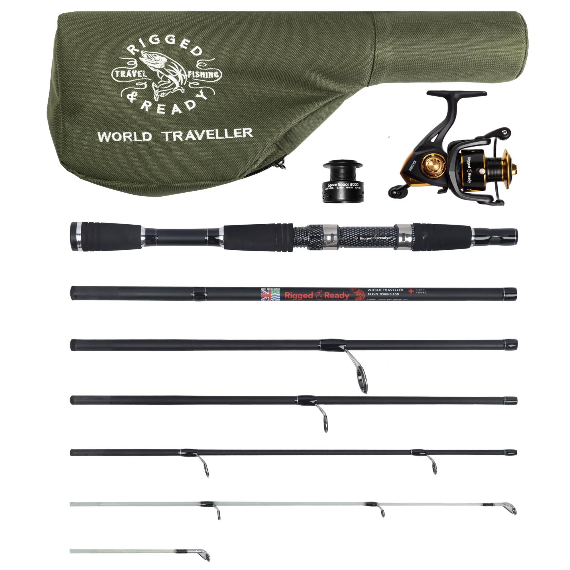 Rigged and Ready World Traveller Travel Fishing Rod Reel & Case Set. Compact 6 Sections 2 Tips. 215cm 7" + 190cm 6.4” Nano-Carbon Fishing Rod Options. Spin Bait Carp Pike Sea Fishing