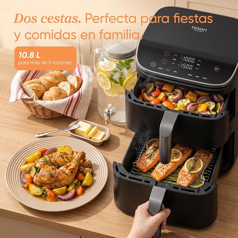 Fritadeira Cosori Turbo Tower 10.8L, Cesta Dupla True Inox, economia de espaço, alta potência de 2630W e mais rápida, 6 funções, refeições sempre equilibradas, cozimento ilimitado, fácil de limpar