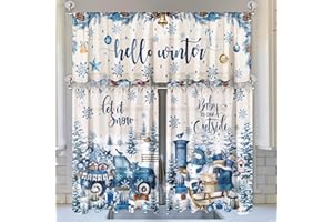 Breling 3 Pcs Christmas Snowflake Kitchen Curtains Valances and Tiers Set for Windows Winter Snowman Gnome Gifts Pine Tree Decor Short Curtain Set for Bedroom Window Treatment Decor Party Supplies