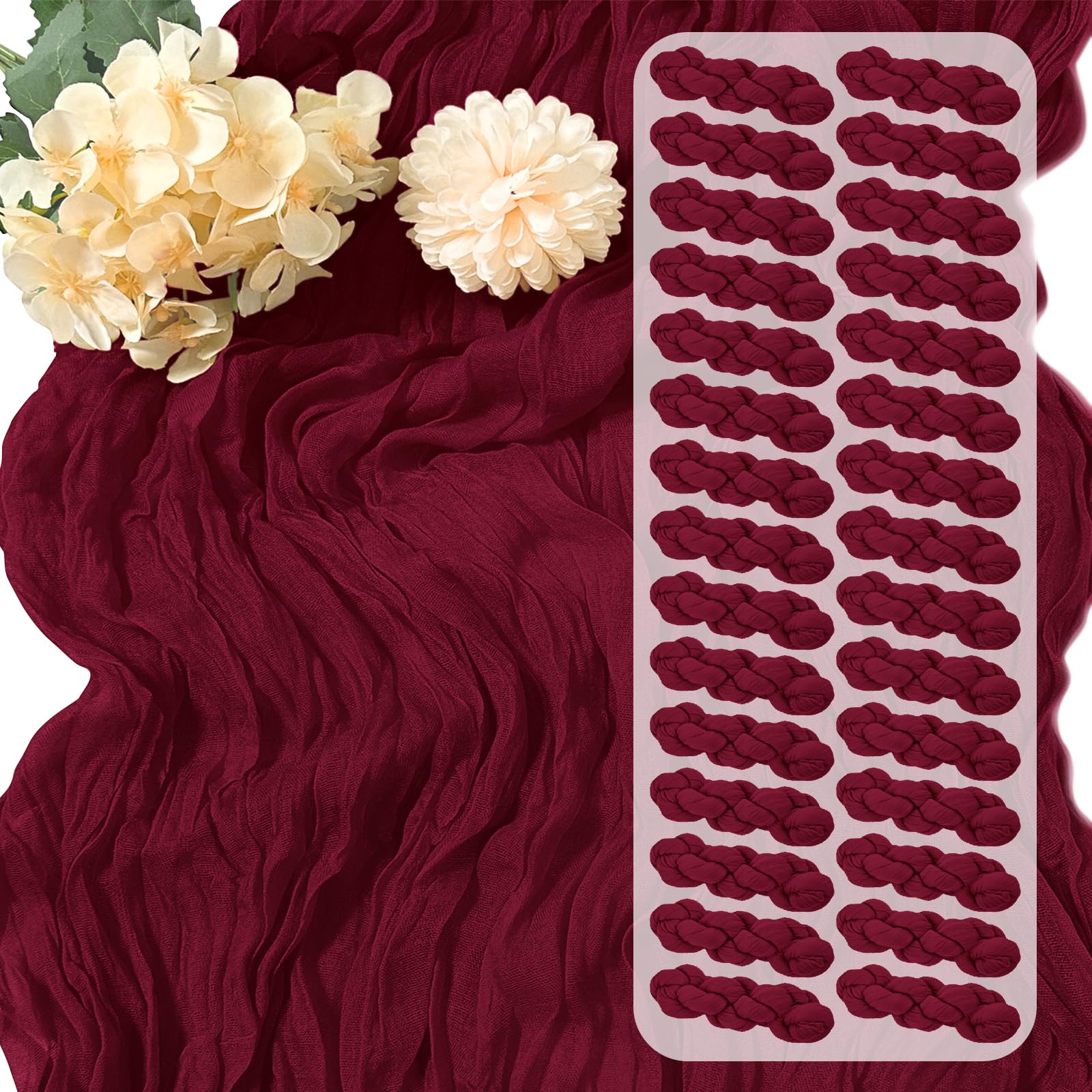 Photo 1 of 30 Pack Burgundy Cheesecloth Table Runner 17 x 108 inch Cheese Cloth Table Runners 9ft Burgundy Table Runner Rustic Romantic Sheer Gauze Runner for Wedding Party Baby Shower Table Decoration