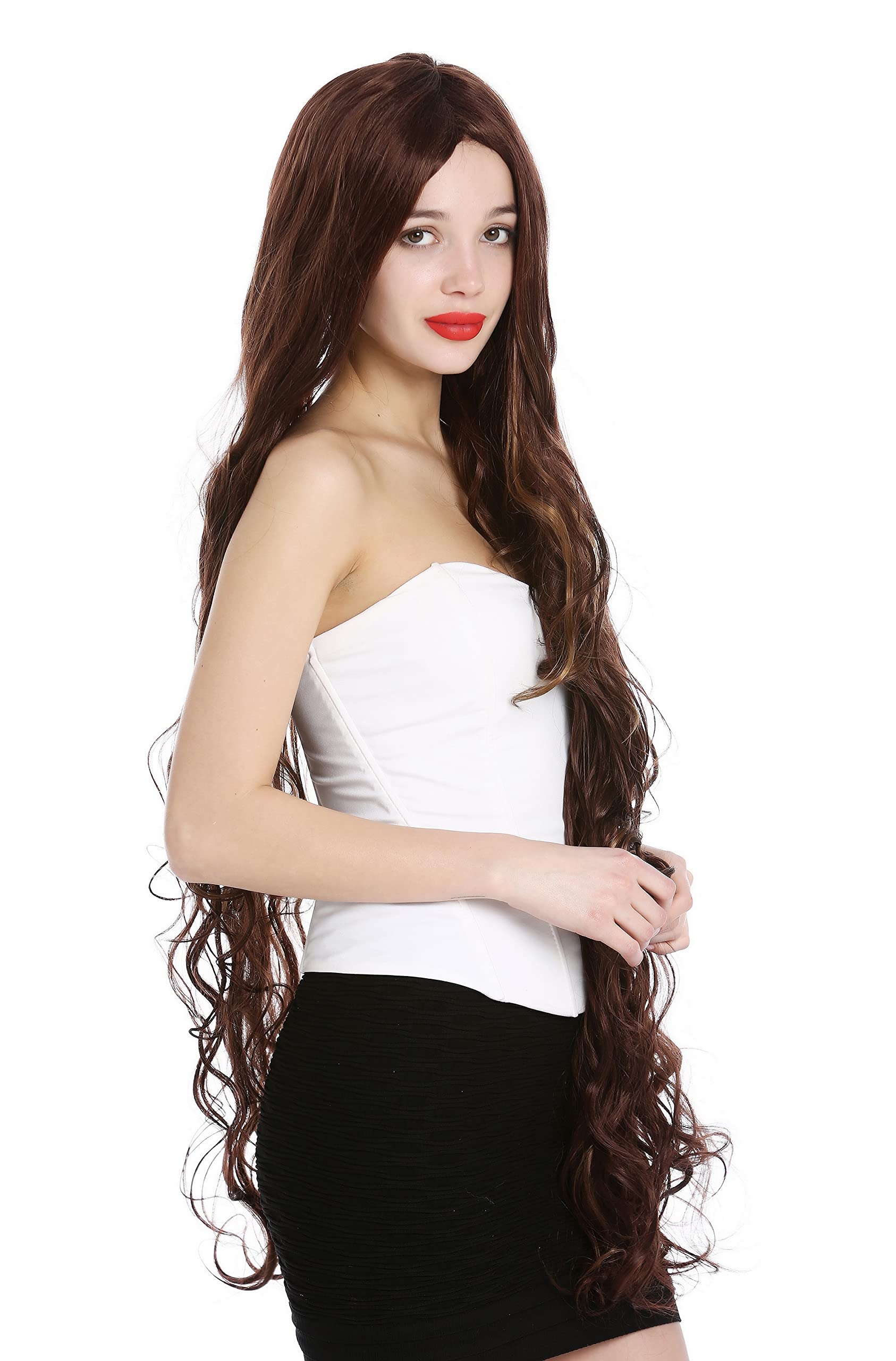 WIG ME UP - VK-40-33H27 Lady wig extremely long wavy to slightly curled curls middle parting dark auburn blond highlights
